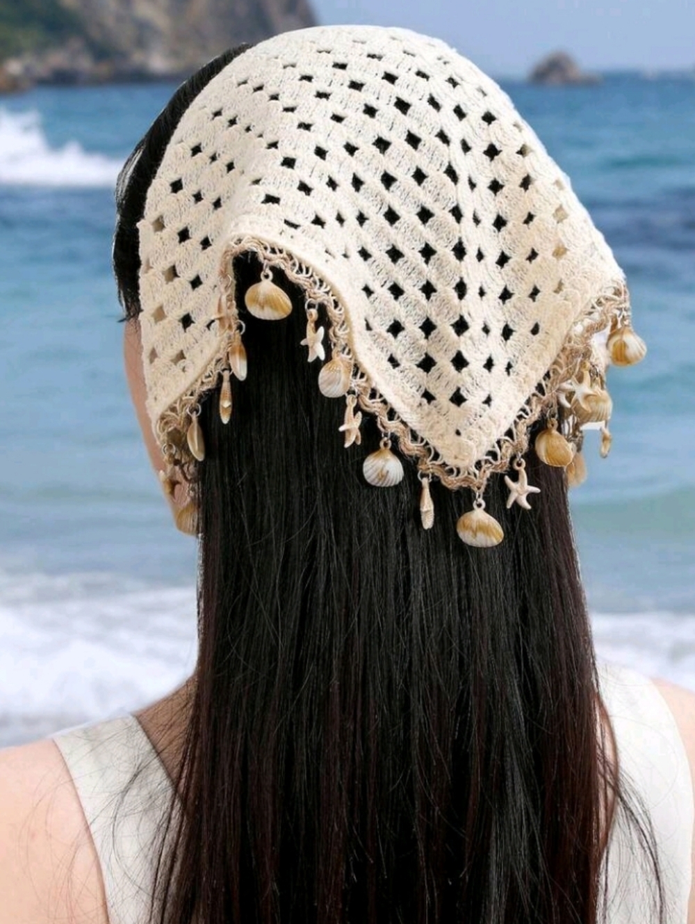 Boho Crochet Cream Seashell Starfish Bandana Hair Scarf Beach Summer